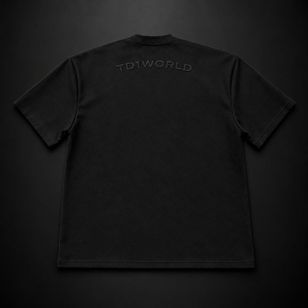 TD1WORLD Engineered Winter Tee in Murdered Out Black, back with tonal TD1WORLD print