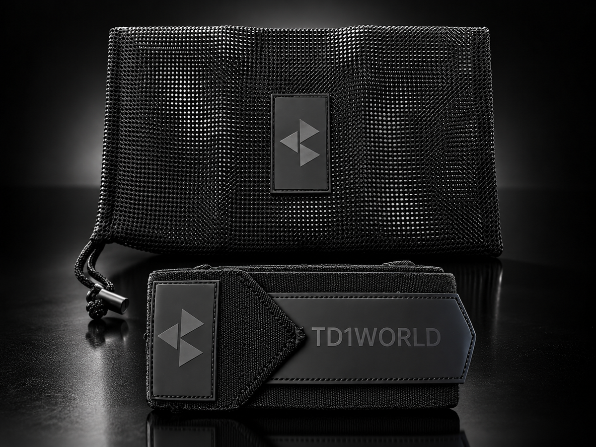 TD1WORLD Wrist Wraps in Stealth Black, tonal logo, with mesh carry bag