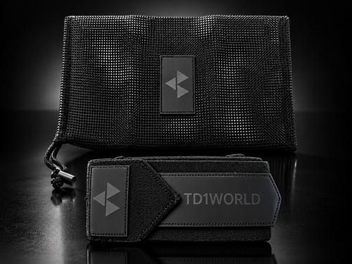 TD1WORLD Wrist Wraps in Stealth Black, tonal logo, with mesh carry bag