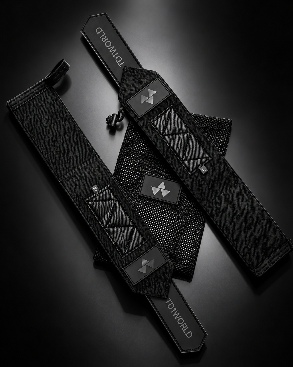 TD1WORLD Wrist Wraps in Stealth Black laid flat, left and right wraps with thumb loops and mesh carry bag