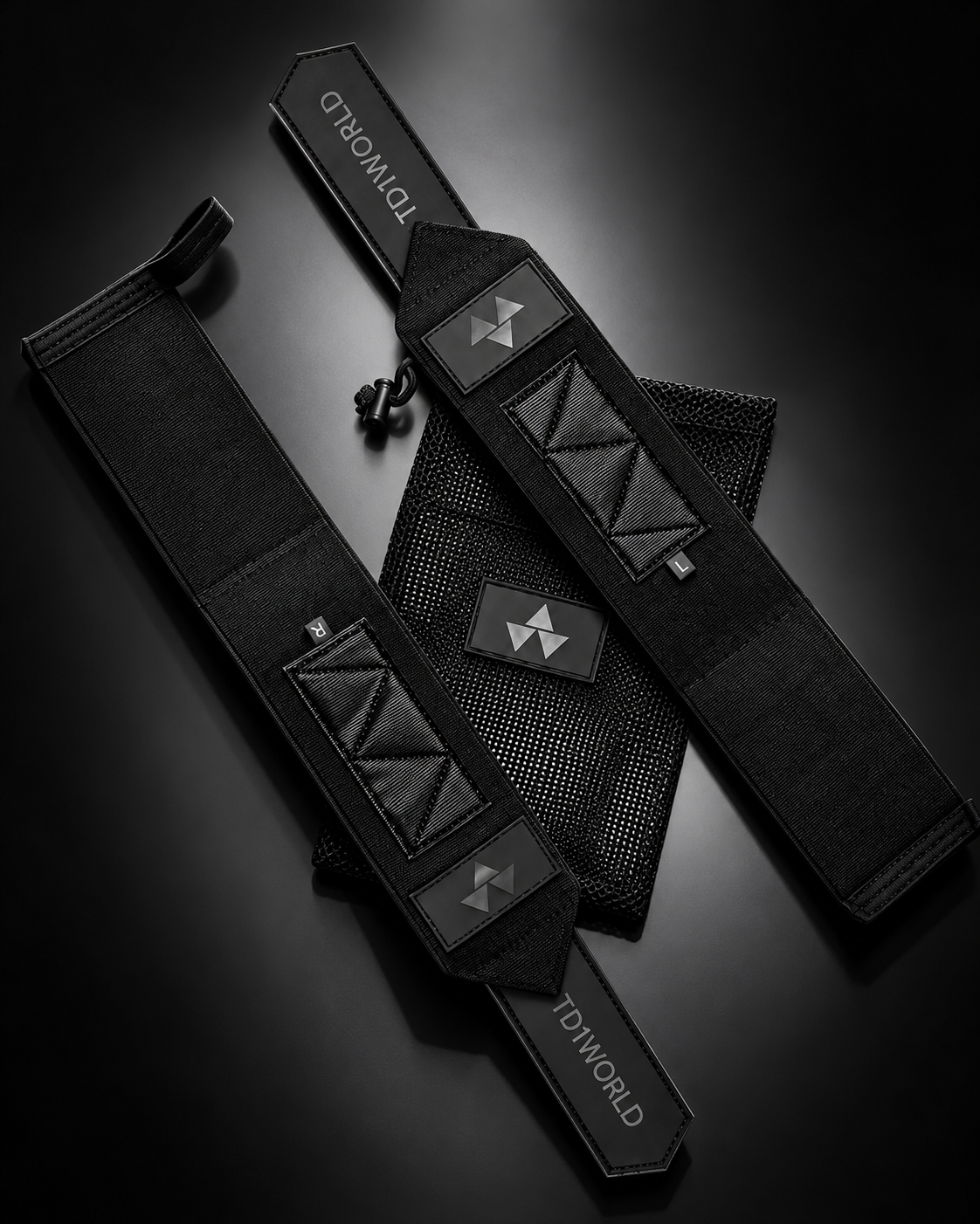 TD1WORLD Wrist Wraps in Stealth Black laid flat, left and right wraps with thumb loops and mesh carry bag