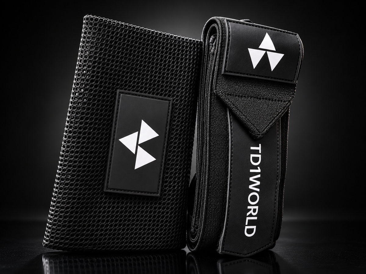 TD1WORLD Wrist Wraps in Classic, white logo on black, with mesh carry bag