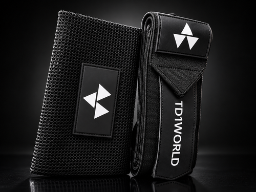 TD1WORLD Wrist Wraps in Classic, white logo on black, with mesh carry bag